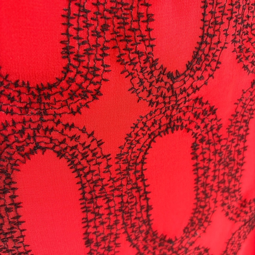 Silk Midi Dress Size Small Red Black Romantic Geometric Puff Sleeve Artsy Dainty - Picture 4 of 11